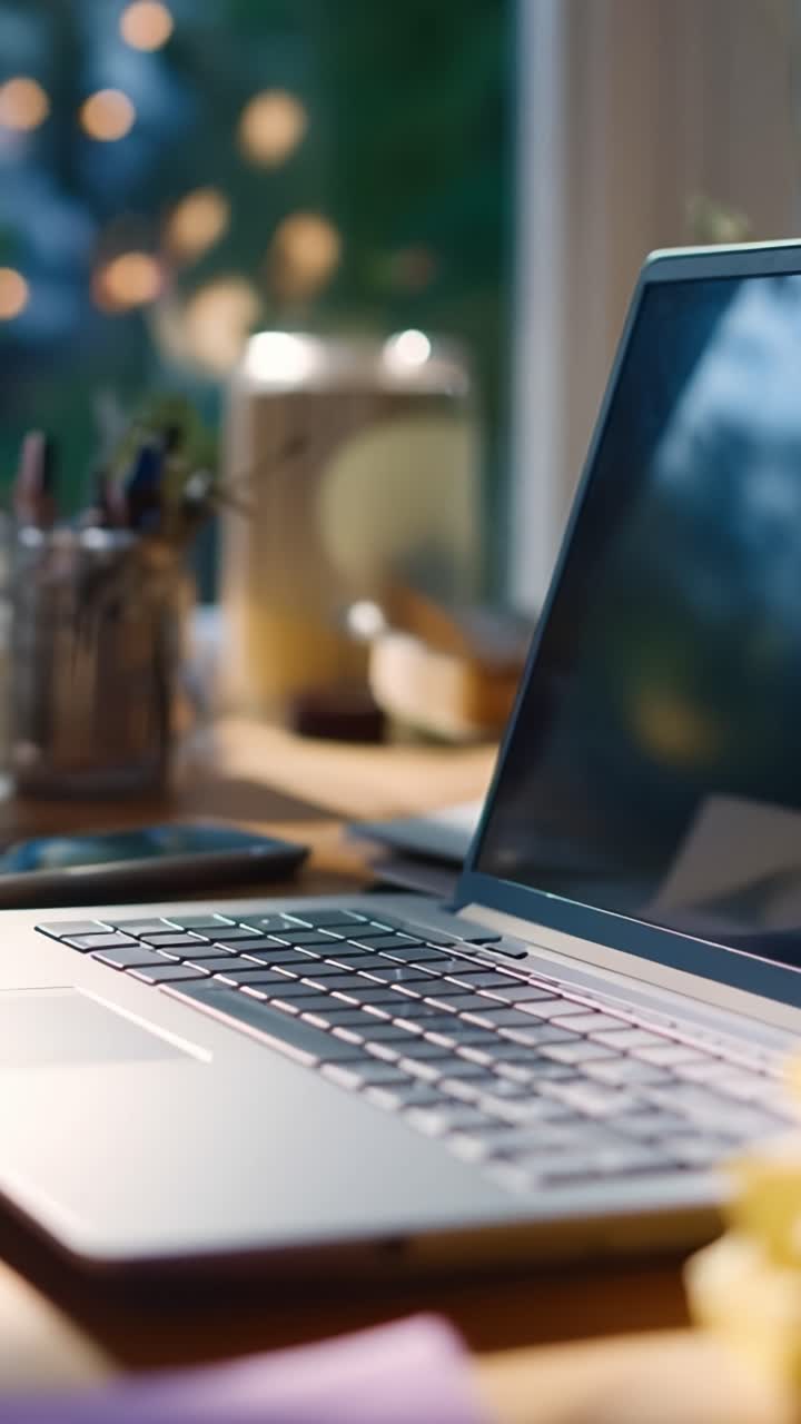 A serene workspace scene featuring a laptop on a wooden table surrounded by blurred colors and soft lighting, perfect for creativity and productivity