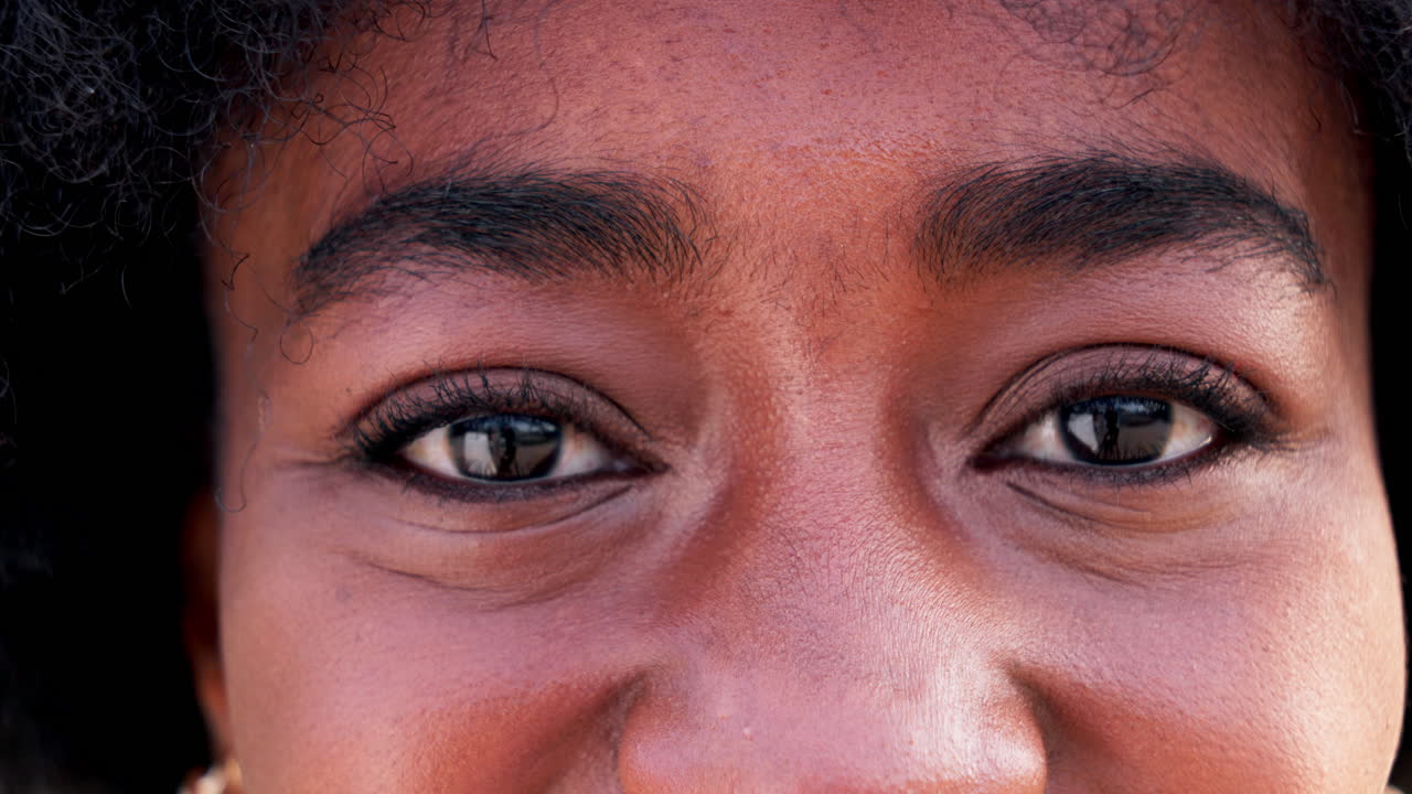Closeup, face and eyes of black woman with smile