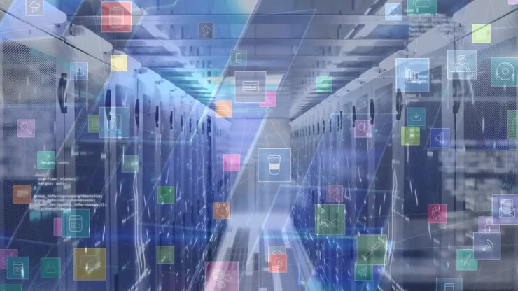 Animation of digital icons over blue screens and computer servers in background