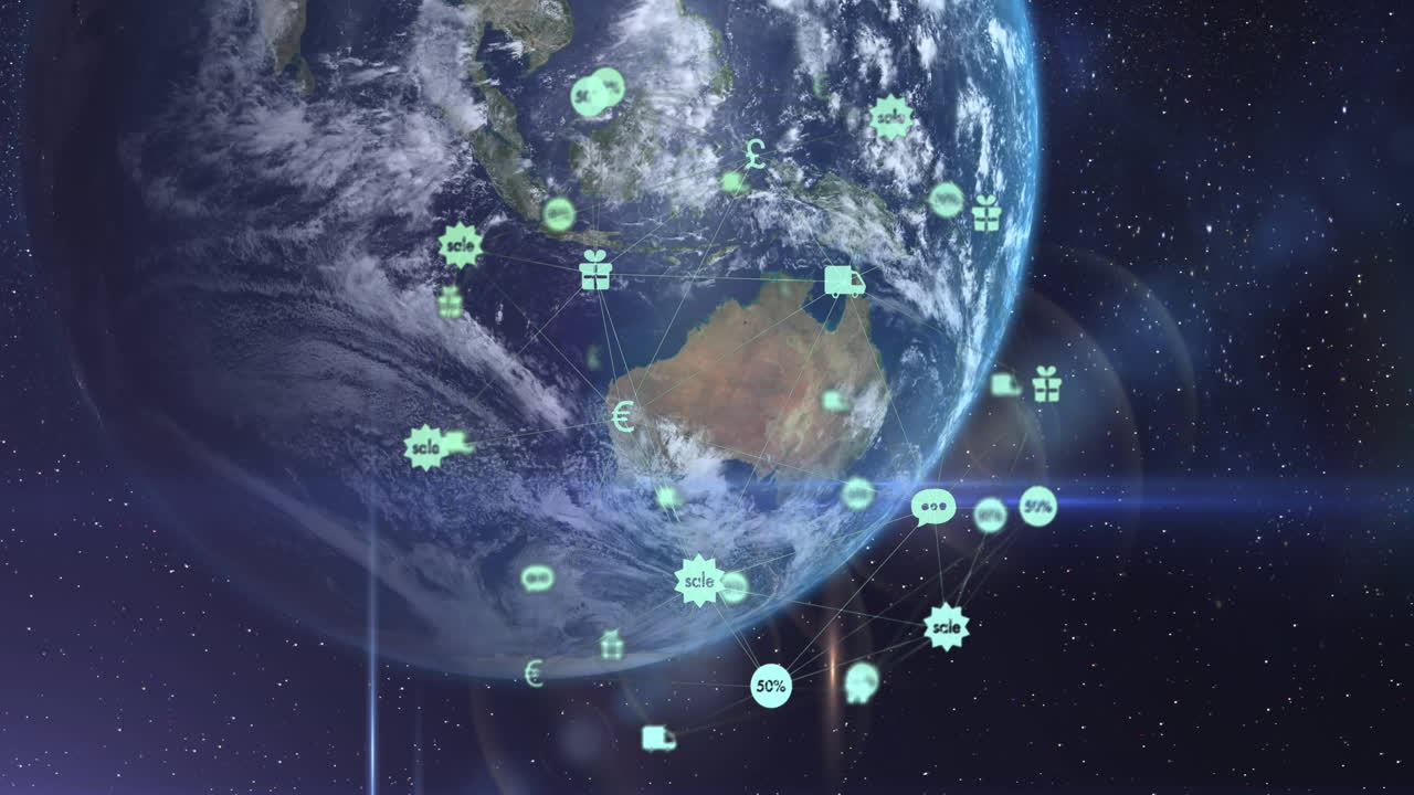 데이터 처리 및 전 세계 아이콘 네트워크의 애니메이션