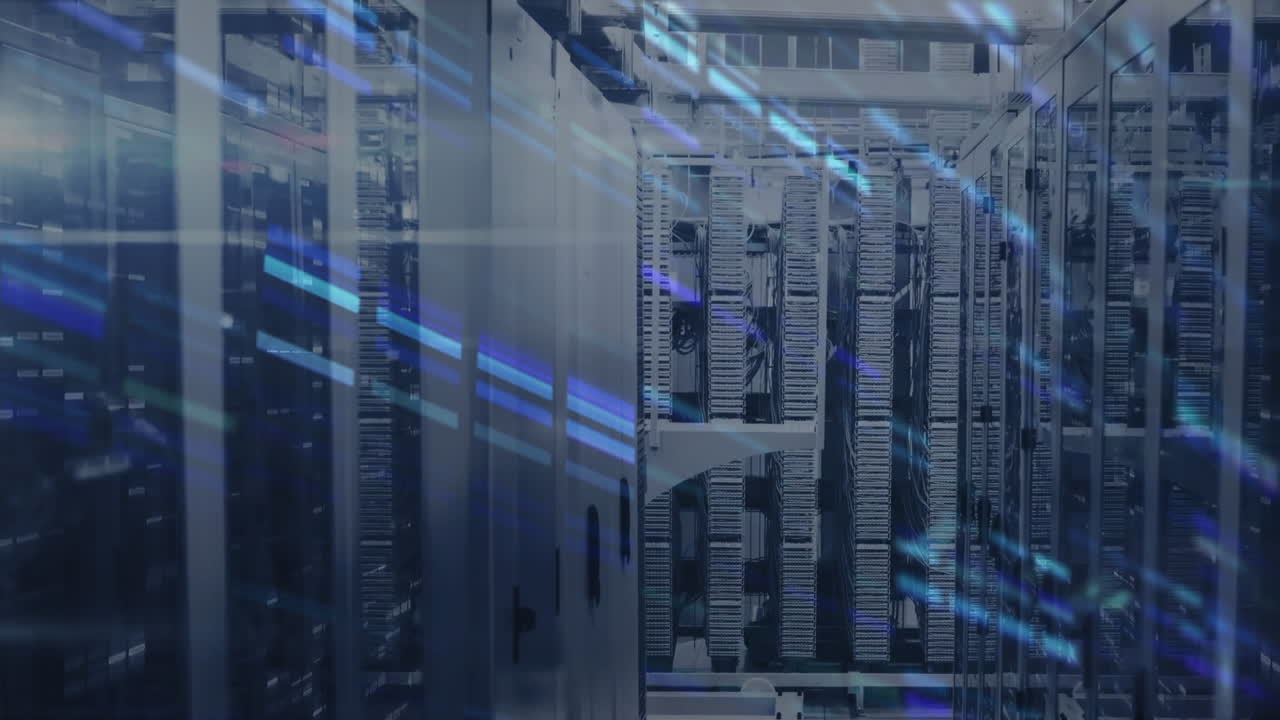 Digital animation of data flow in servers illustrates global internet network concept.