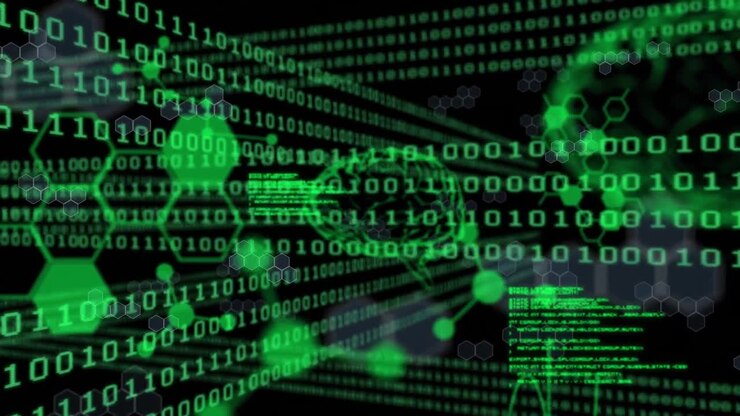 Animation of binary code and scientific data processing on black background