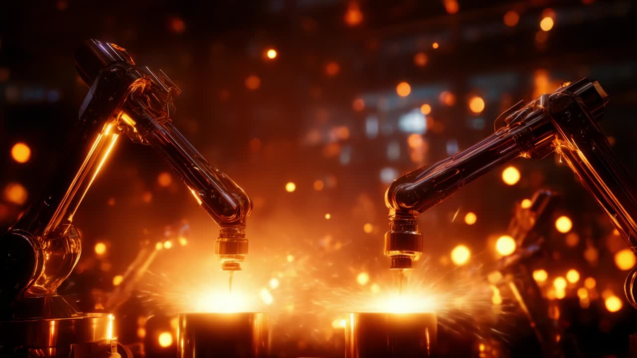 An Engaging Display of Industrial Robotics: Two Robotic Arms Containing Powerful Sparks Illuminating a Darkened Factory Environment, Showcasing Technological Precision and Innovation