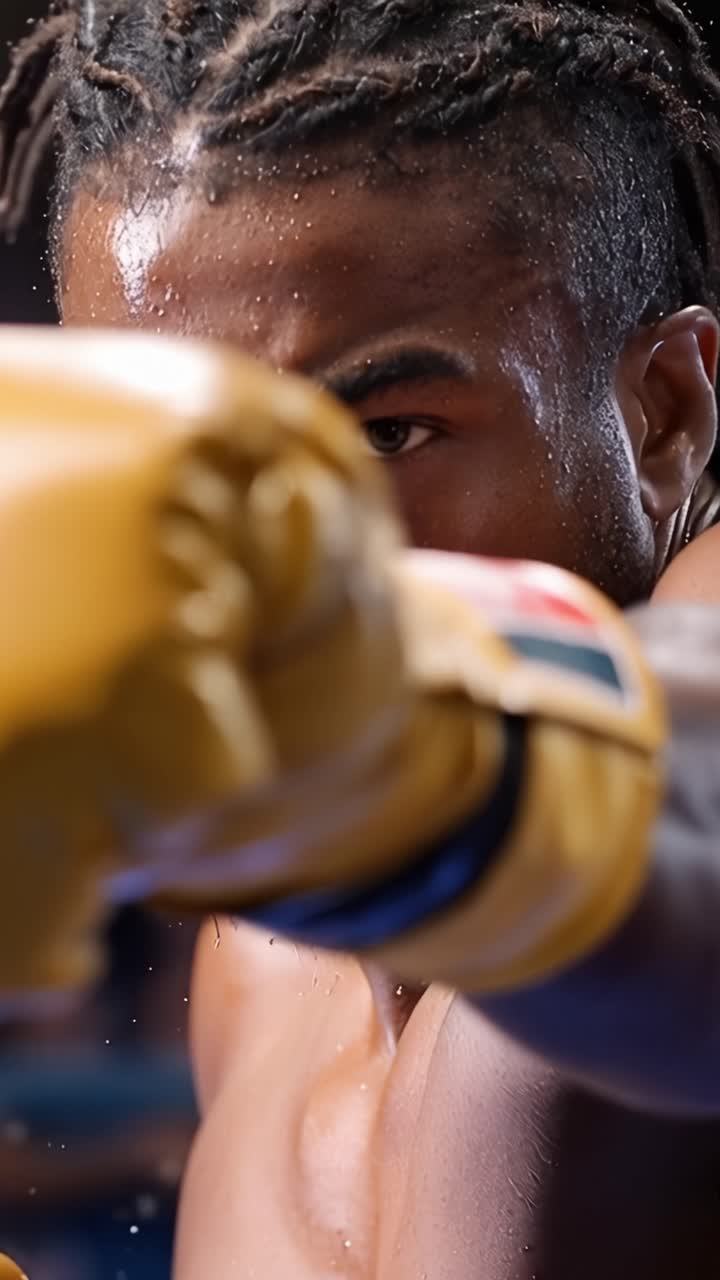Intense Boxing Match: A Close-Up of an Athlete's Focused Face and Powerful Punch in the Ring, Highlighting the Determination and Skill Required in Combat Sports