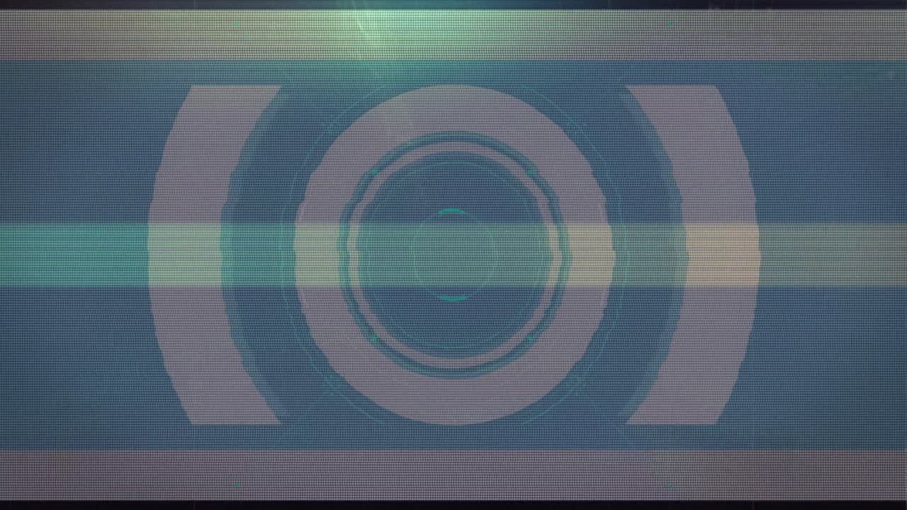 Digital animation of light trails and glitch effect against round scanner on red background