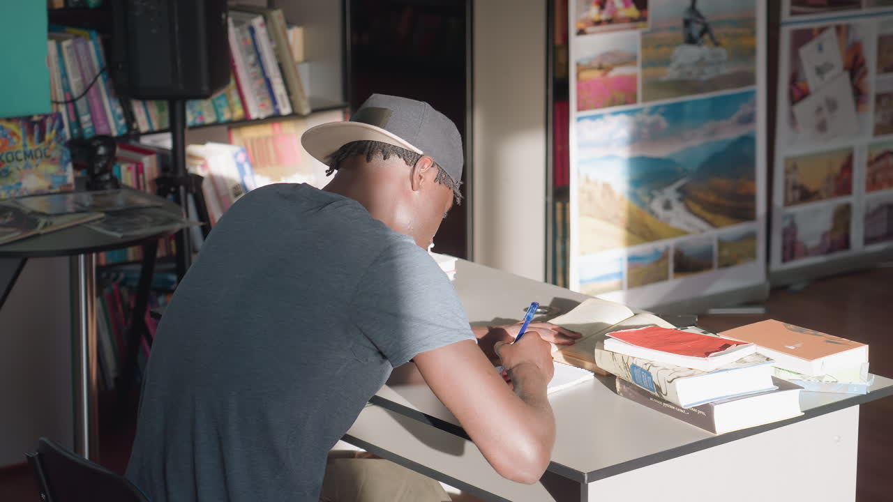 Vista posteriore di un uomo seduto alla scrivania in una biblioteca luminosa, che prende appunti su un quaderno accanto a una pila di libri, circondato da scaffali colorati e poster di viaggio illuminati dalla luce naturale