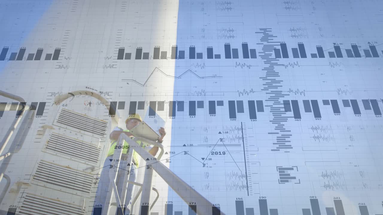 technician climbing wind turbine stairs reaching platform opening laptop reviewing overlaid charts