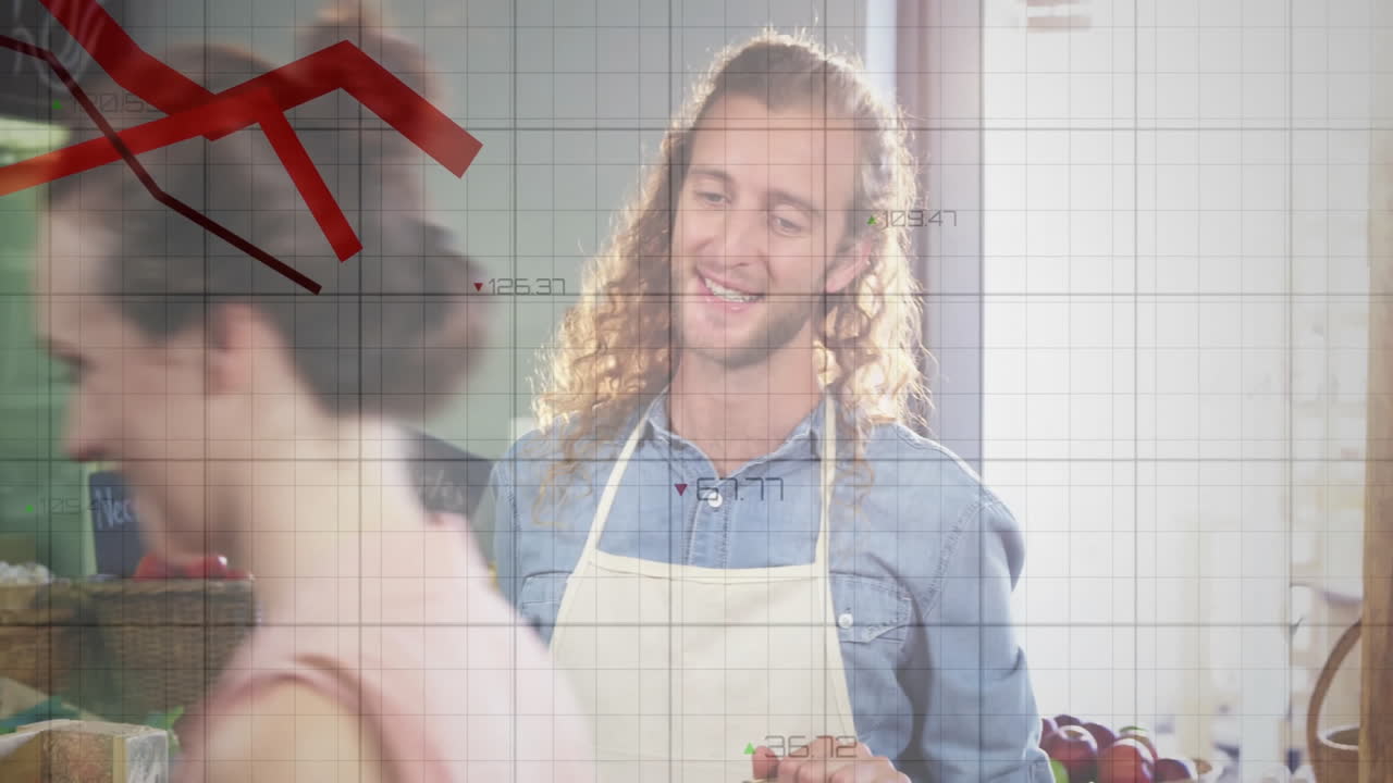 gráfico con animación de flecha roja creciente sobre la gente de compras en el mercado