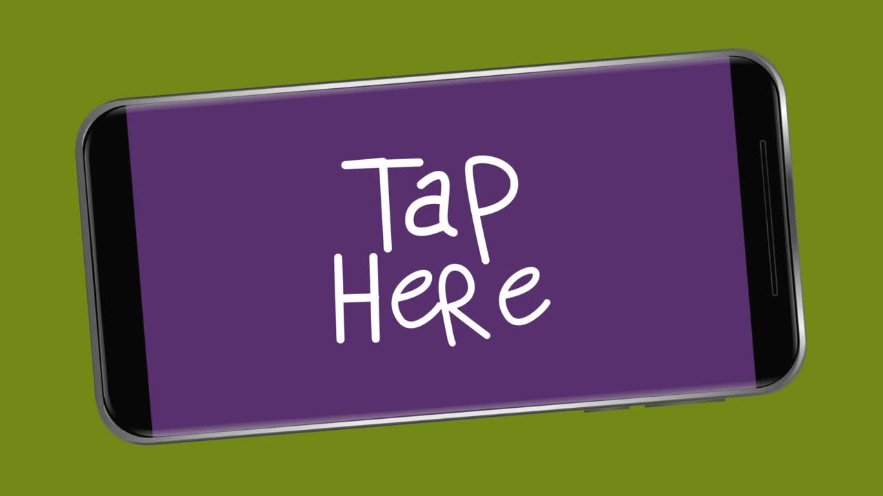 animación de palabras blancas toque aquí parpadeando en la pantalla púrpura de un teléfono inteligente en el fondo