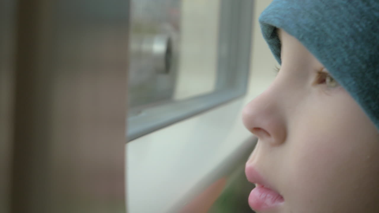 In train rides a little boy in a cap who looks out the window