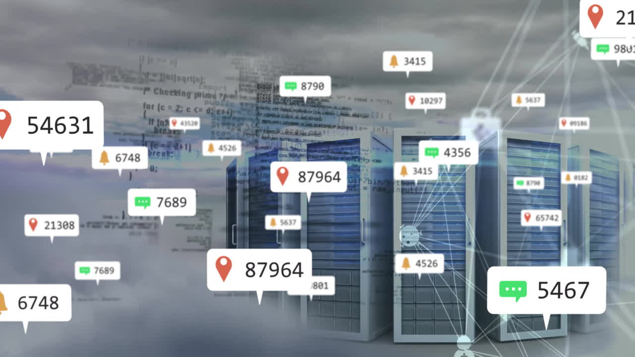 소셜 미디어 아이콘과 숫자의 애니메이션, 컴퓨터 서버를 통한 연결 네트워크