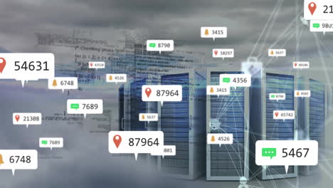 animación de iconos y números de redes sociales, red de conexiones a través de servidores informáticos