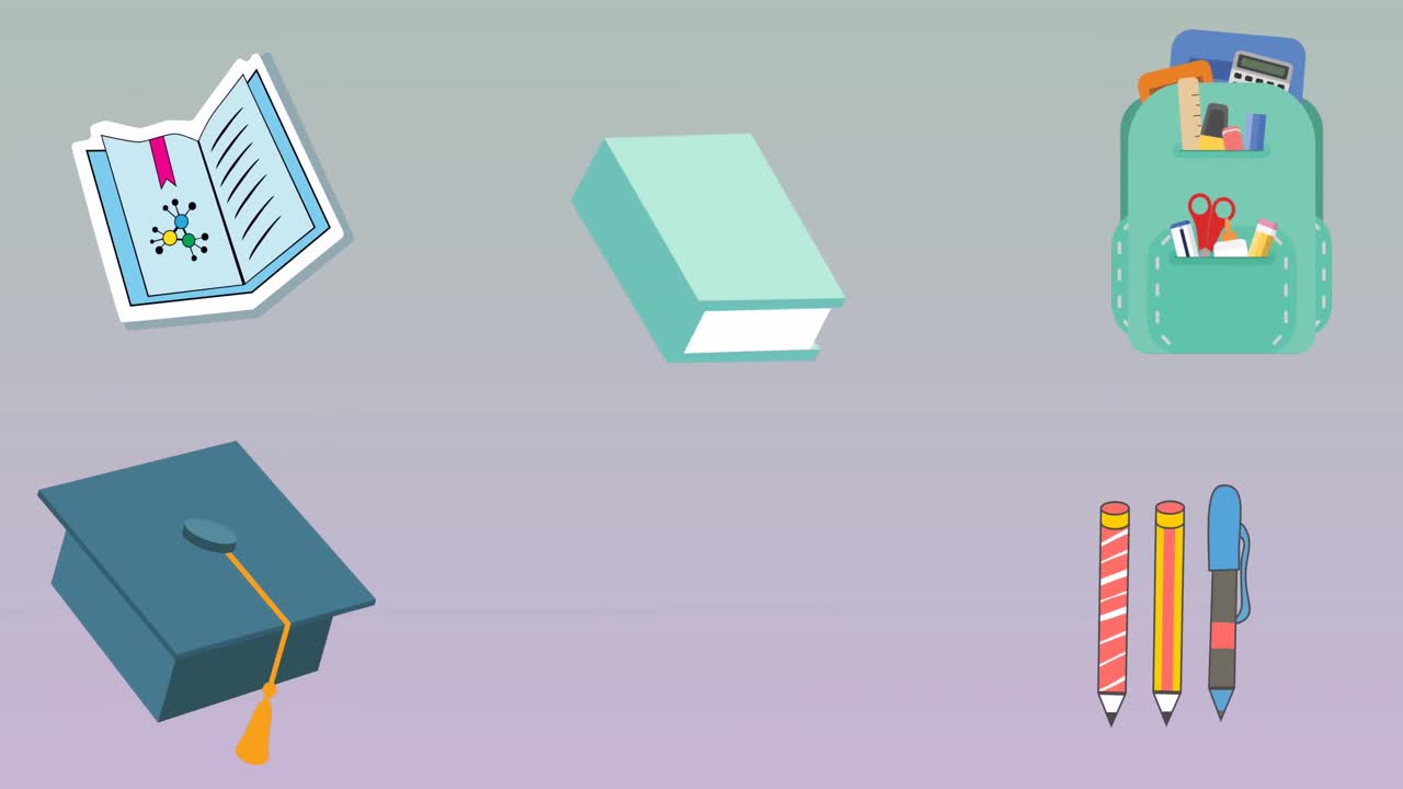 Animation of multiple school concept icons against copy space on grey gradient background