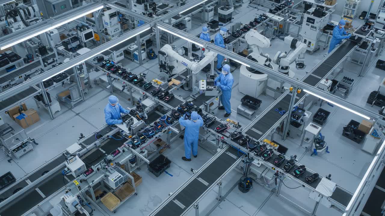 Automated Manufacturing Interior Featuring Workers in Protective Gear Collaborating with Robots in a High-Tech Production Facility
