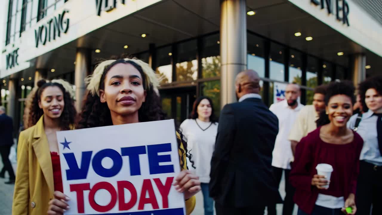 A dynamic video captures a diverse group outside a polling station