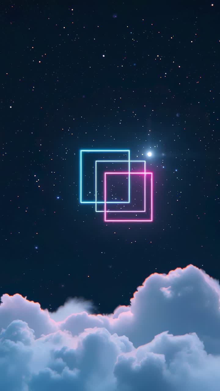 Vertical video: Looping pulsing cyan pink neon squares hovering over clouds, flare sparks and stars