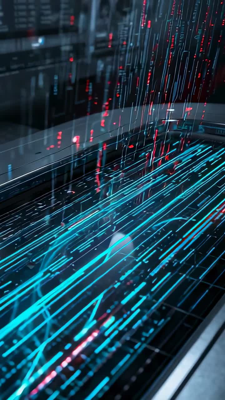 Vertical video: Starting data streaming across console with cyan streaks and red pulses to monitor