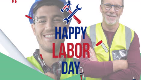 animation of happy labor day text over caucasian male workers and tools