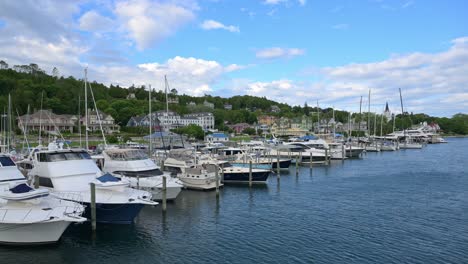 mackinac island marina and summer homes lining the coast during the summer in michigan