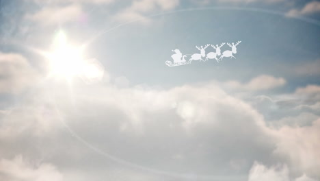 animation of snow falling over silhouette of santa claus in sleigh with reindeer over sky