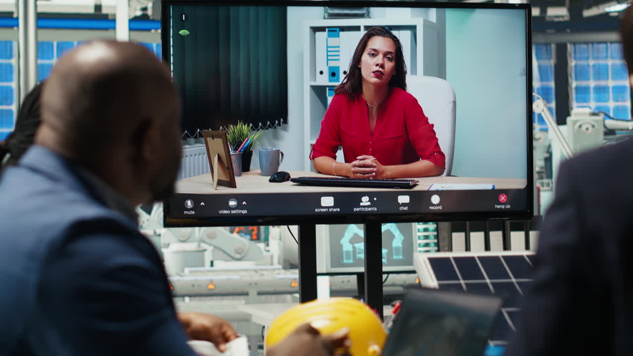 Investors In Office Reviewing Solar Technology Reports During Videocall Meeting