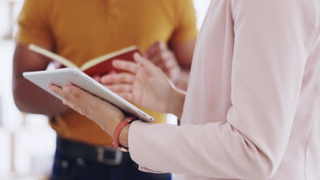 closeup, teamwork and employees with a tablet