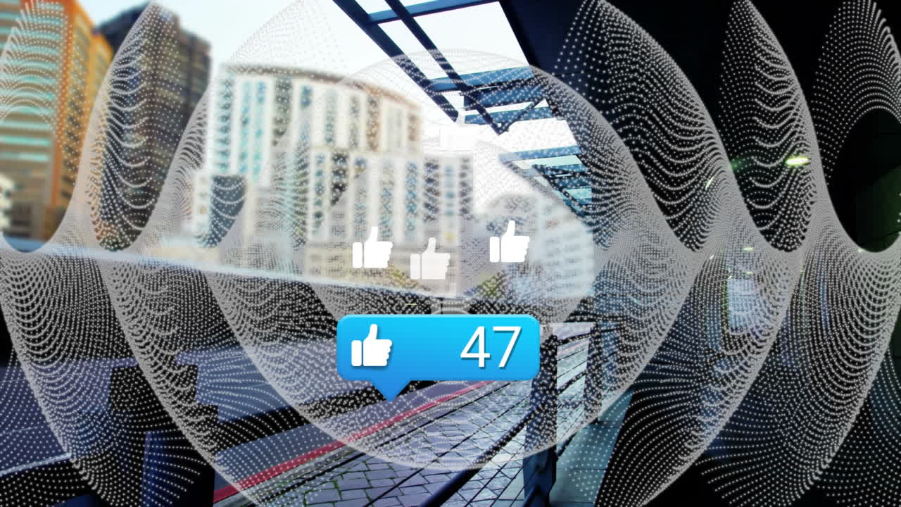 Blue chat bubble floating over urban transit platform, showing thumbs-up icons and dotted wave