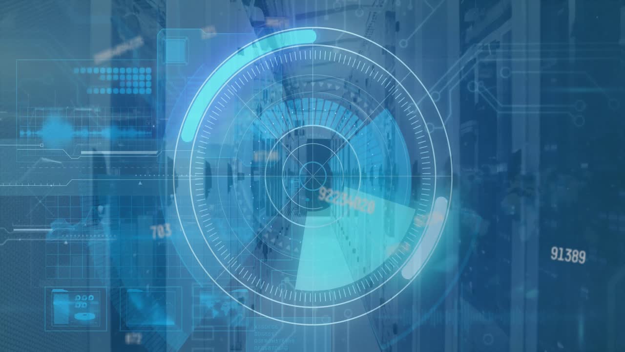 Animación de procesamiento de datos digitales, interfaz digital y cuadrícula sobre un fondo azul