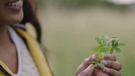 cerca de la mariquita mariquita insecto arrastrándose en la hoja verde joven mujer india sosteniendo una planta sonriendo disfrutando mirando a la pequeña mariquita