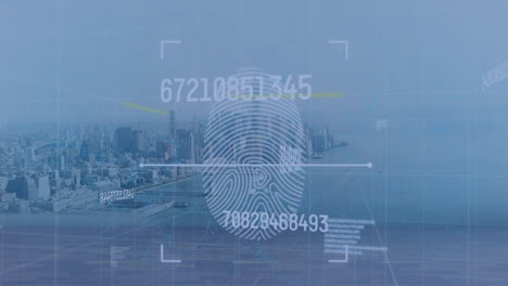 animation of biometric fingerprint and data processing over cityscape