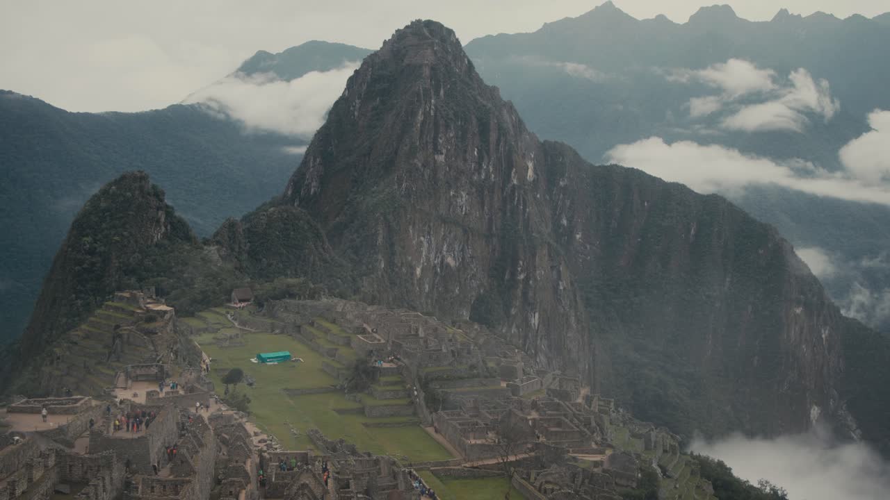 The Historic and Natural Sanctuary of Machu Picchu In The Province of Urubamba, Cusco Peru. Aerial Wide Shot