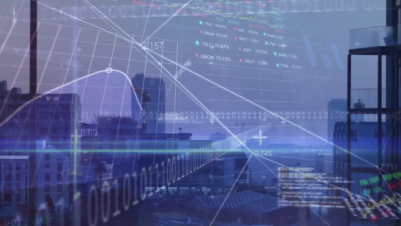 Animation of financial graph and data processing over cityscape