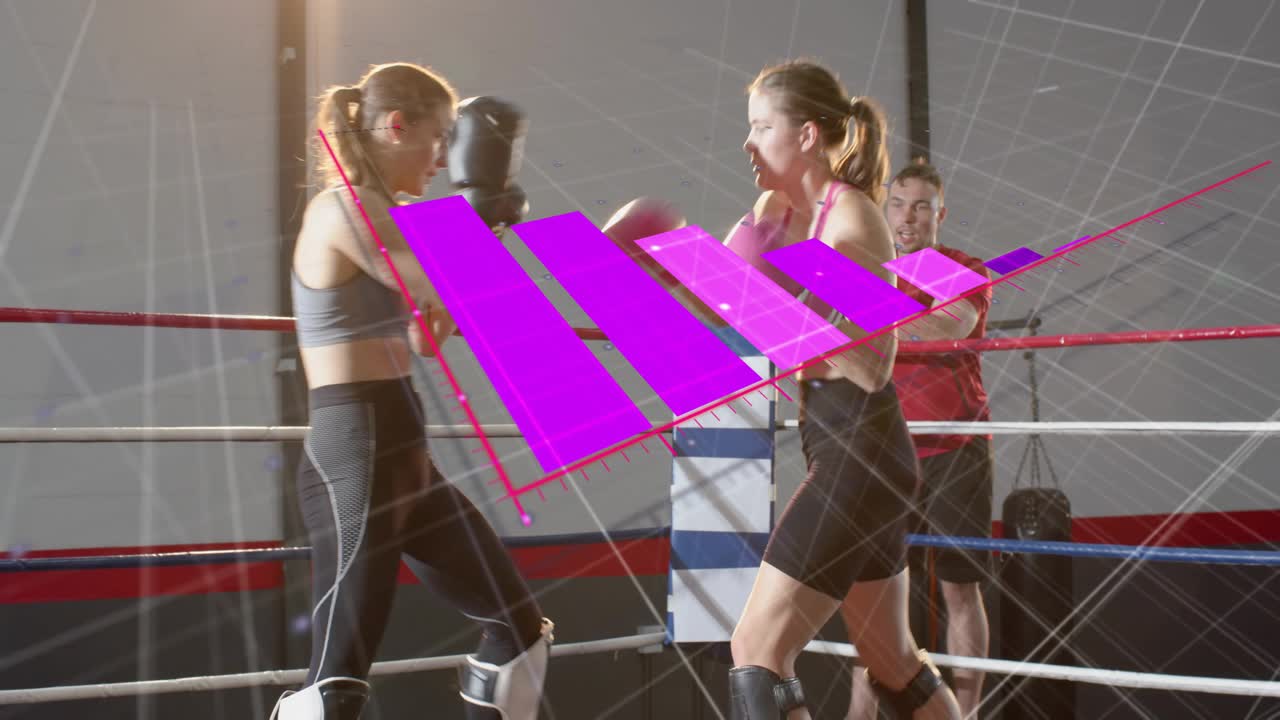 Two boxers sparring boxing ring probing jab starting exchanges magenta bars moving trainer watching