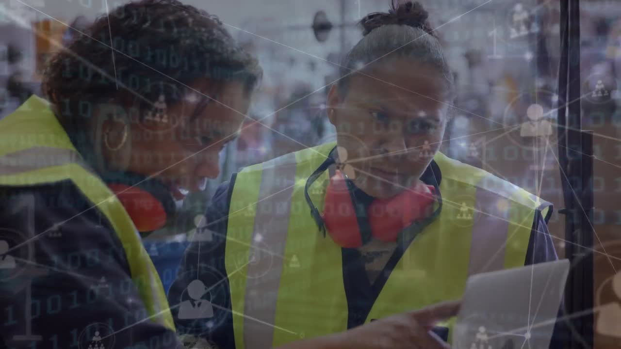 Animation of data processing and network of connections over biracial female workers using tablet