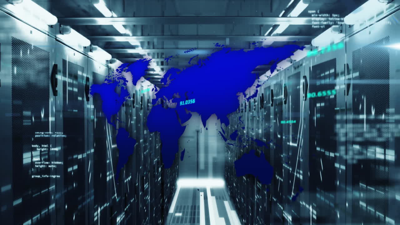 Animation of computer language and map over connected dots on data server racks