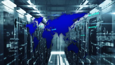 animación del lenguaje informático y el mapa sobre puntos conectados en racks de servidores de datos