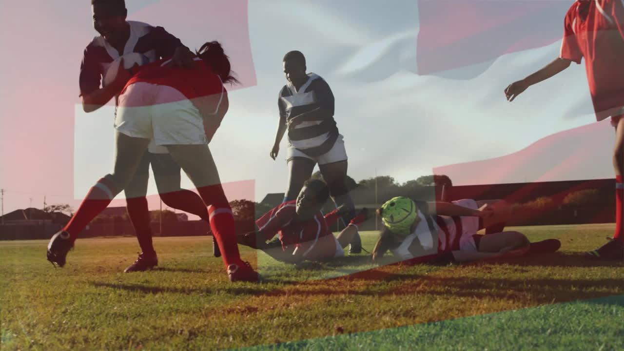 Tackling on field, rugby players with animation of abstract shapes overlaying scene