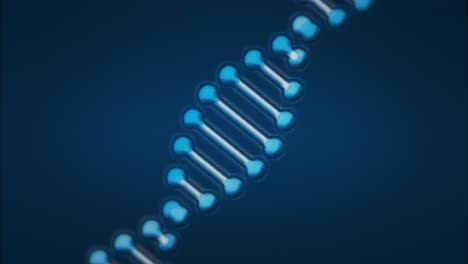 animation of pixelated digital 3d blue and white double helix dna strand spinning on blue background