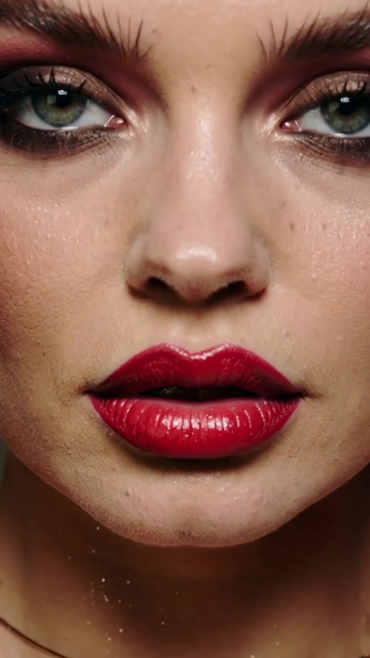 Video verticale: Telecamera che si allontana rivelando una modella in posa in studio per mostrare labbra rosse e una catena