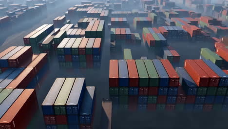 aerial view of a large container port with stacked shipping containers