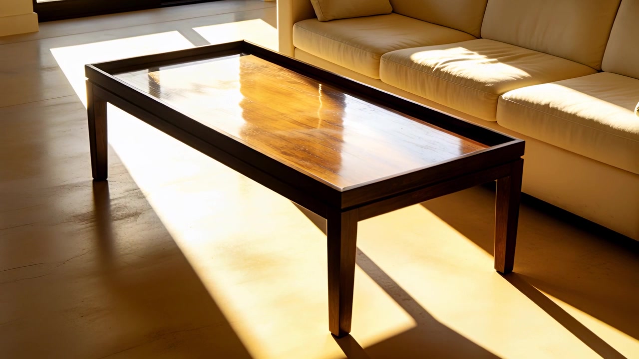 Panning camera revealing wooden coffee table reflecting sunlight near window, capturing reflections