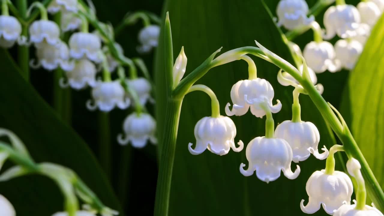 Primo piano video di delicati fiori bianchi di mughetto contro lussureggianti foglie verdi