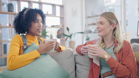 coffee, friends and women talking in home on sofa