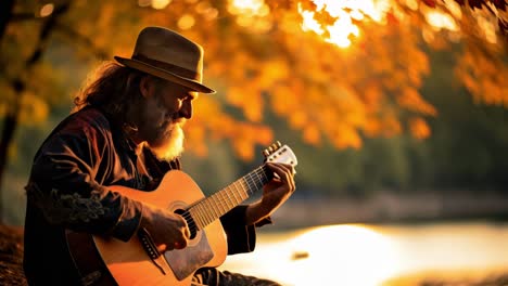 man playing guitar at sunset in autumn park