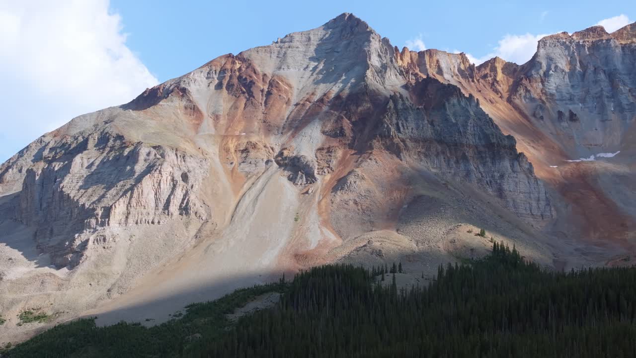 Ripide pareti montuose e creste frastagliate definiscono le Montagne San Juan, con texture aspre e un'ampia elevazione che dominano il paesaggio, panoramica aerea a sinistra.