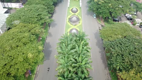 aerial view of a city street with trees and traffic