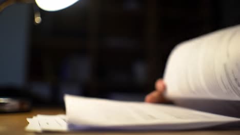 a focused exploration of document preparation under soft light, capturing the essence of study and reflection during a quiet evening session