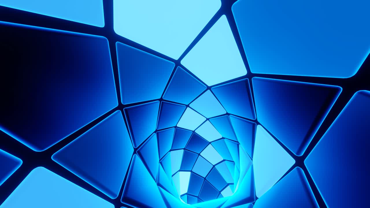Hypnotic endless rotating tunnel with pattern of square neon lights. Abstract seamless warp tunnel animation. 3D blue sci-fi VJ loop motion graphics background, flight through the luminous corridor