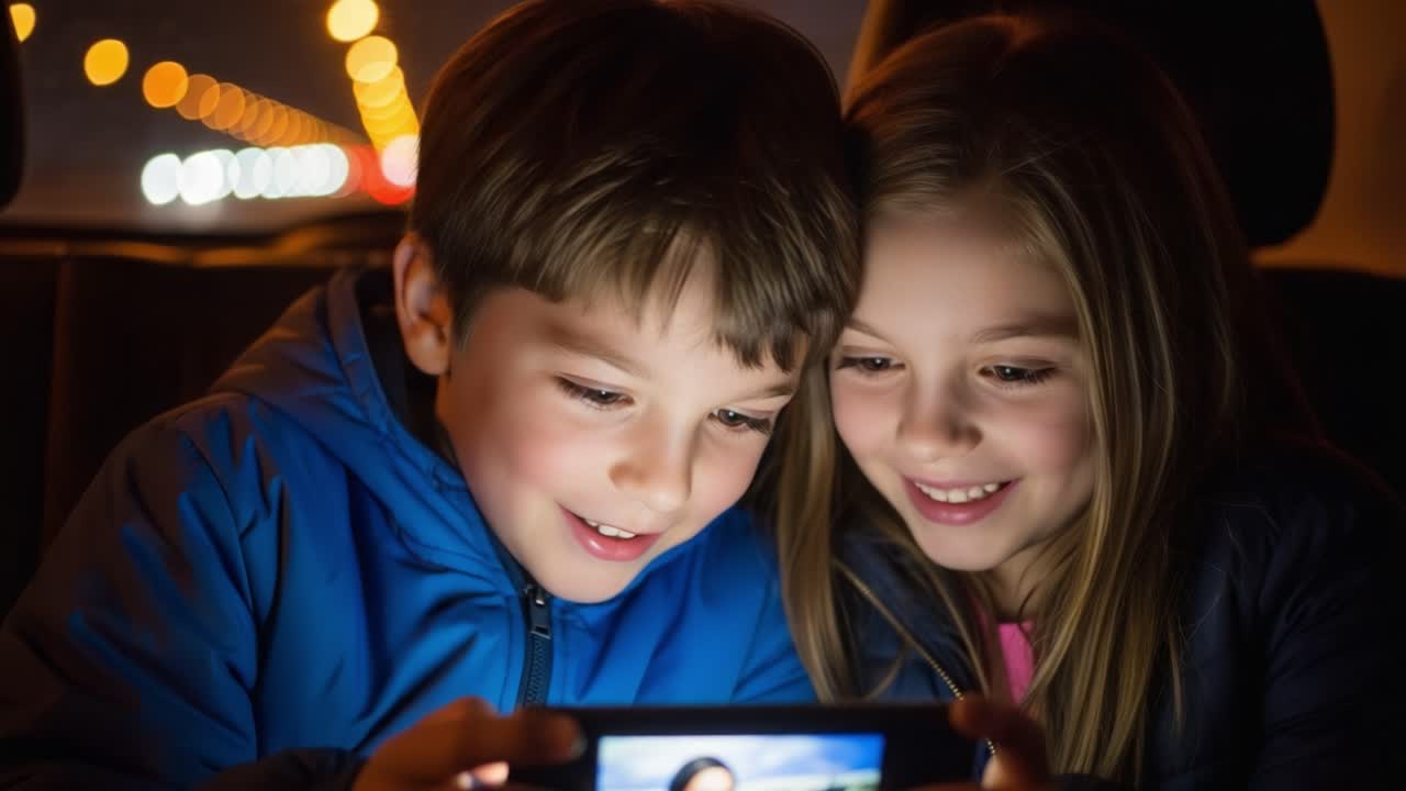Two Children Enjoying a Moment Together in a Car, Engrossed in the Illuminating Glow of a Smartphone while Capturing Memories and Sharing Laughter
