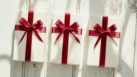 three white gift boxes with red ribbon